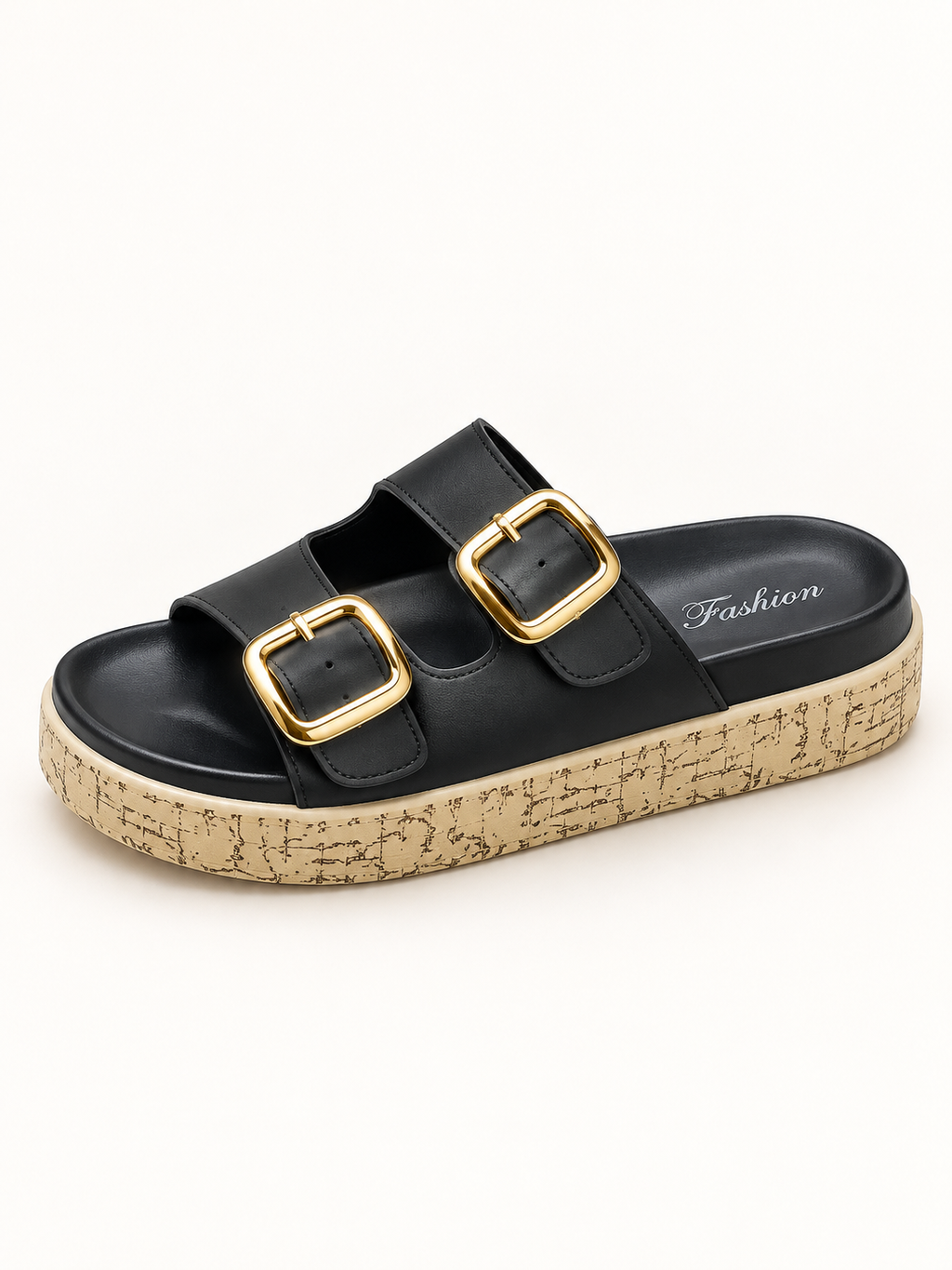 Raven Double-Buckle Platform Slides – Classic Black