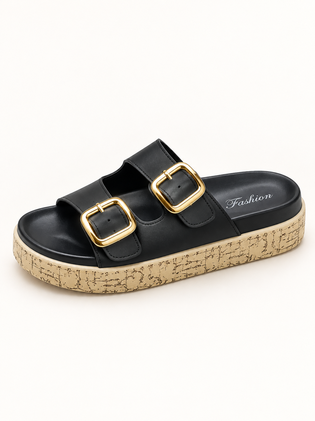 Raven Double-Buckle Platform Slides – Classic Black