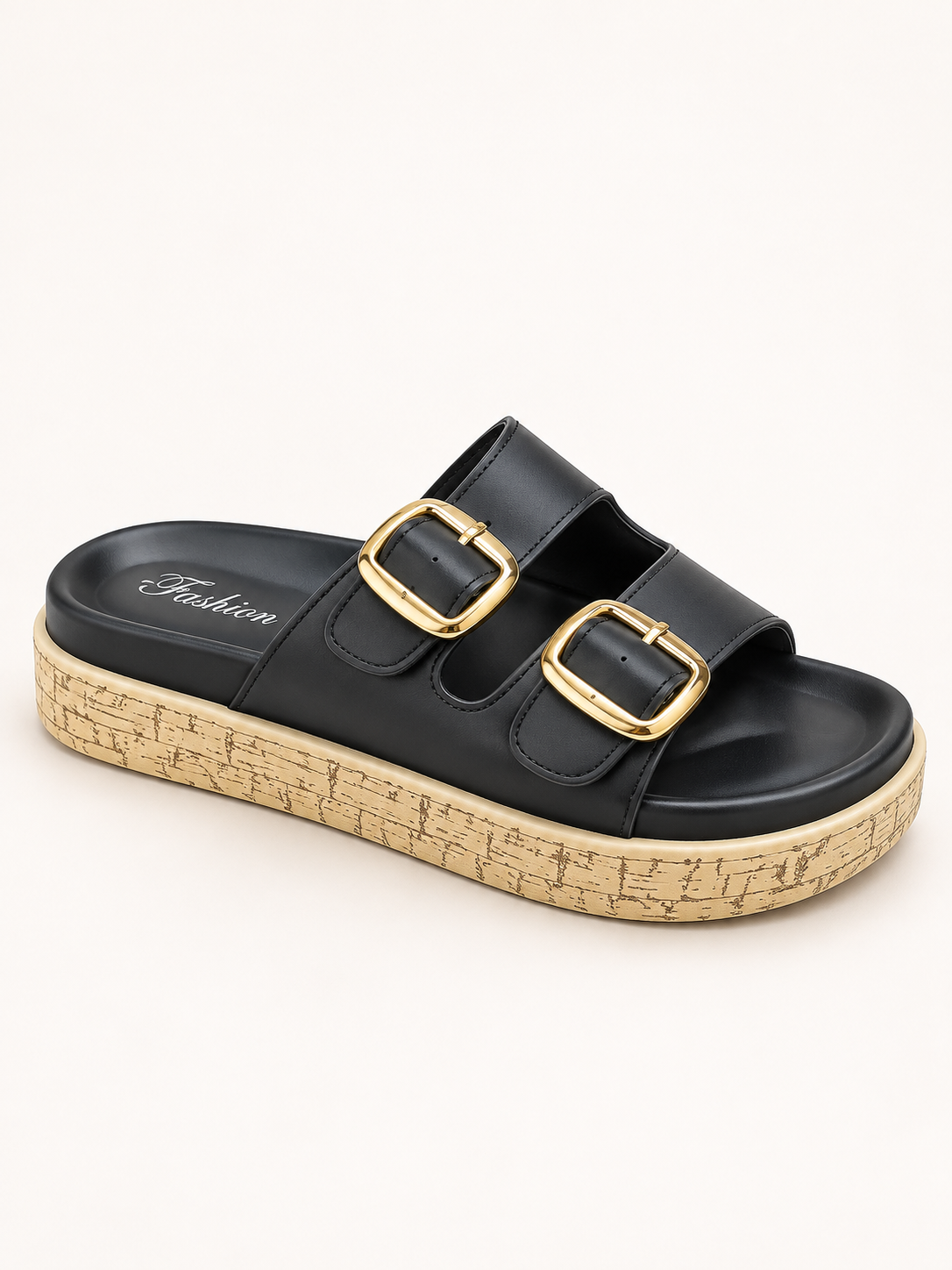 Raven Double-Buckle Platform Slides – Classic Black