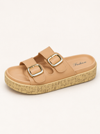 Hazel Double-Buckle Platform Slides – Caramel Tan