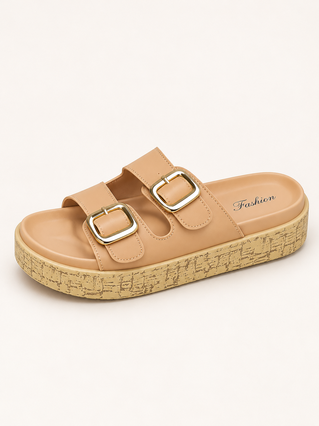 Hazel Double-Buckle Platform Slides – Caramel Tan
