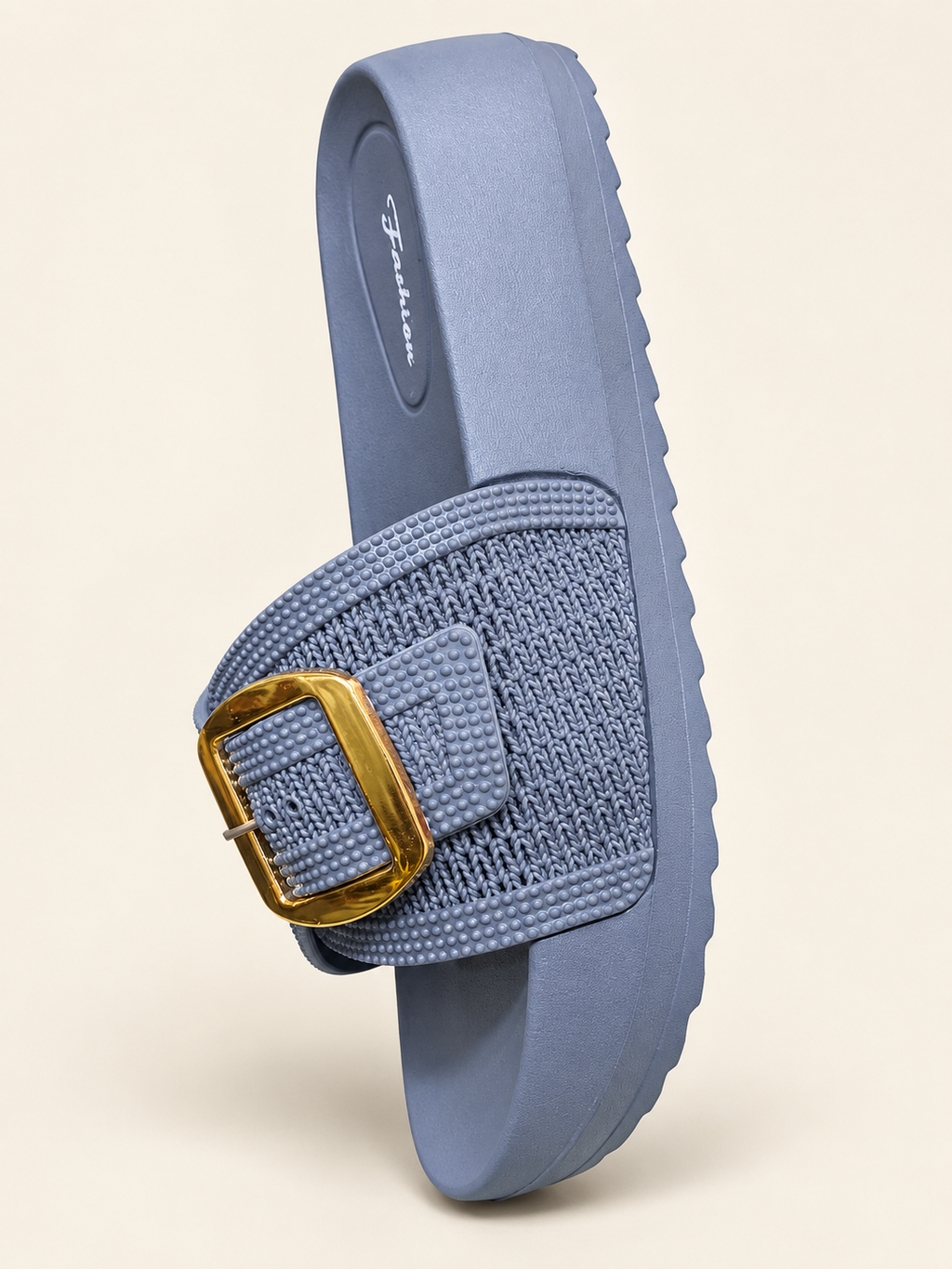 Slate Blue Gold Buckle Comfort Slides