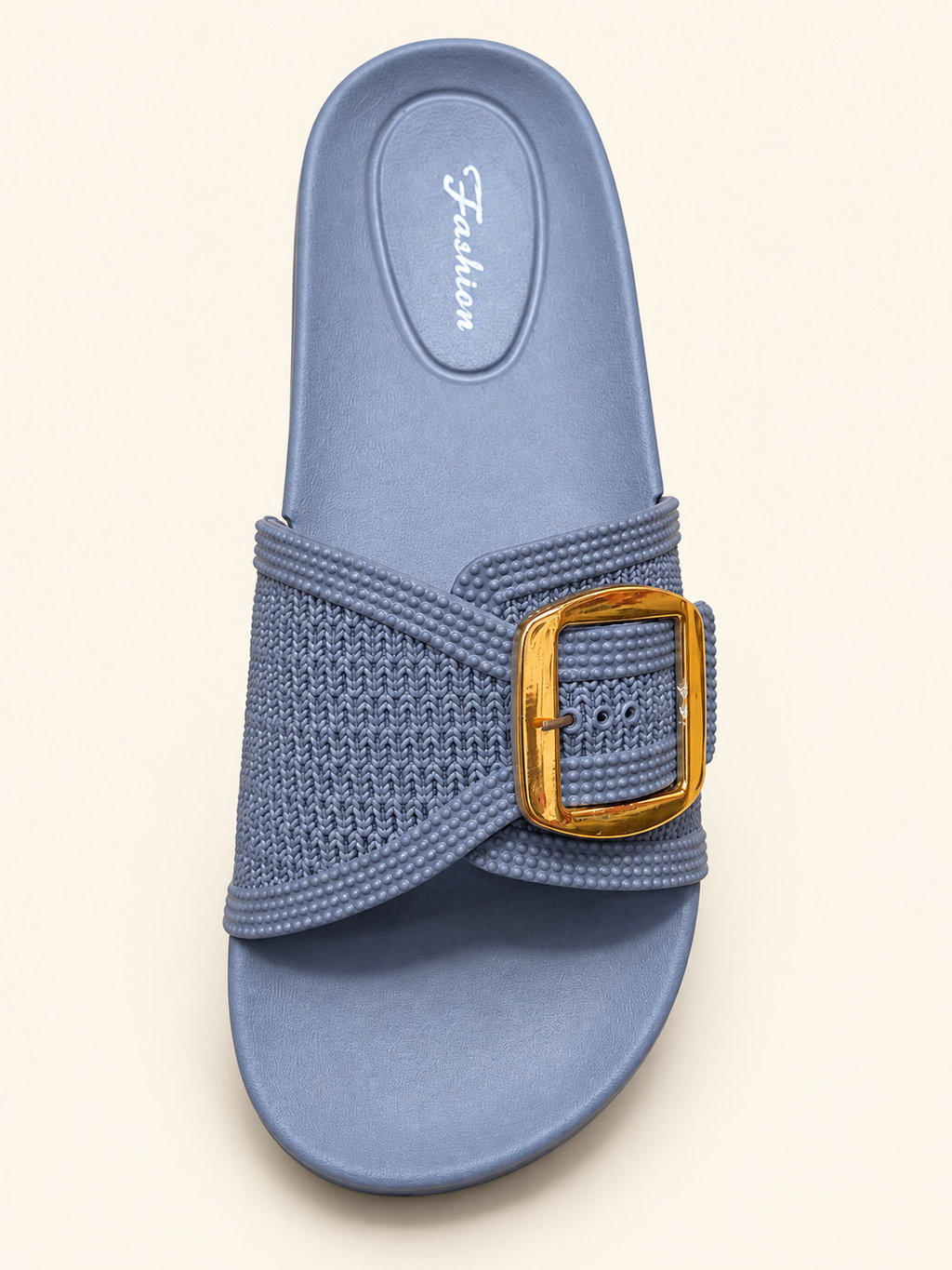 Slate Blue Gold Buckle Comfort Slides