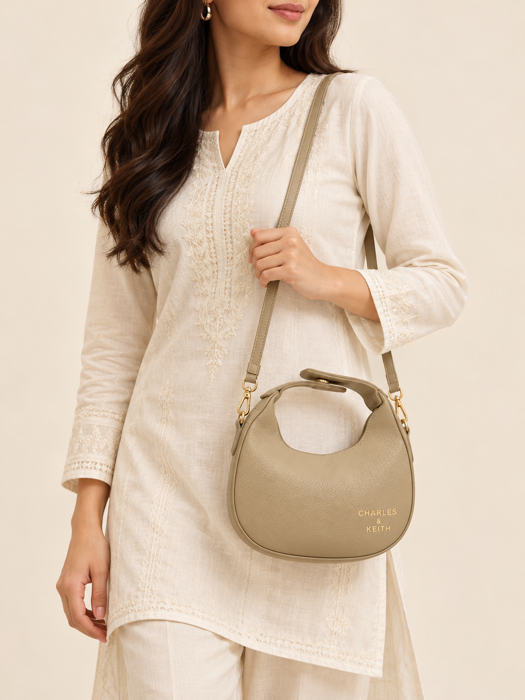 Luna Crescent Shoulder Bag – Khaki Beige