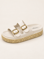 Pearl Double-Buckle Platform Slides – Ivory