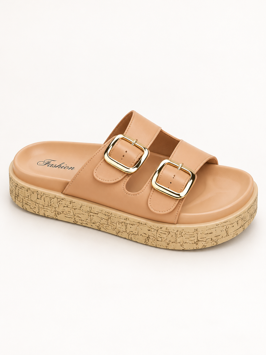 Hazel Double-Buckle Platform Slides – Caramel Tan